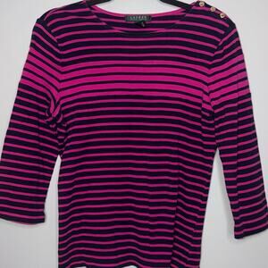 Lauren Ralph Lauren Womens Size Large Pink Navy Blue 3/4 Sleeve Button Detail